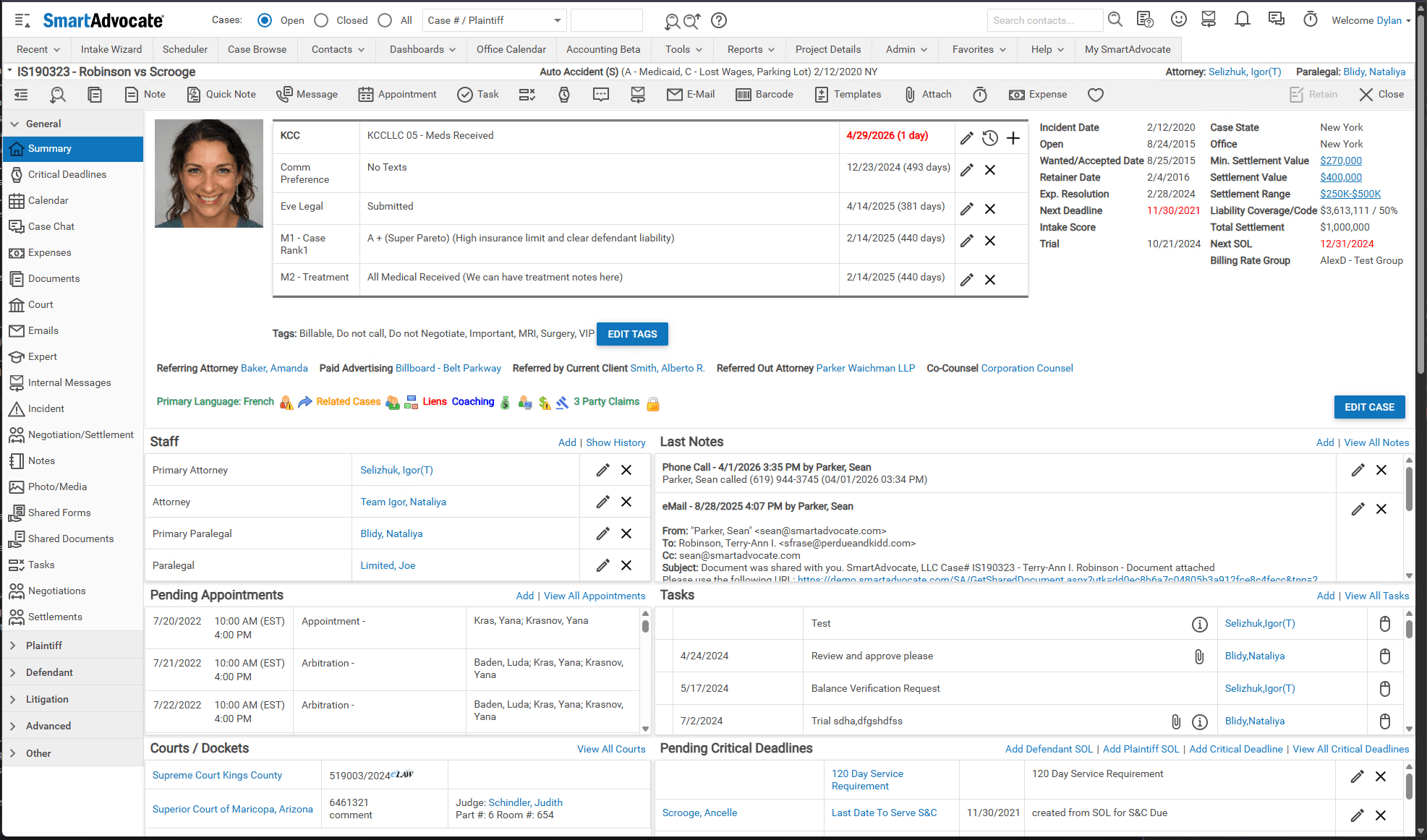 SmartAdvocate case view before the refresh