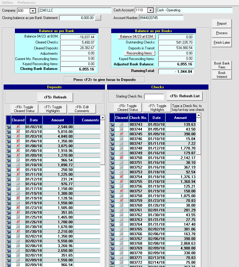 Legacy bank reconciliation screen