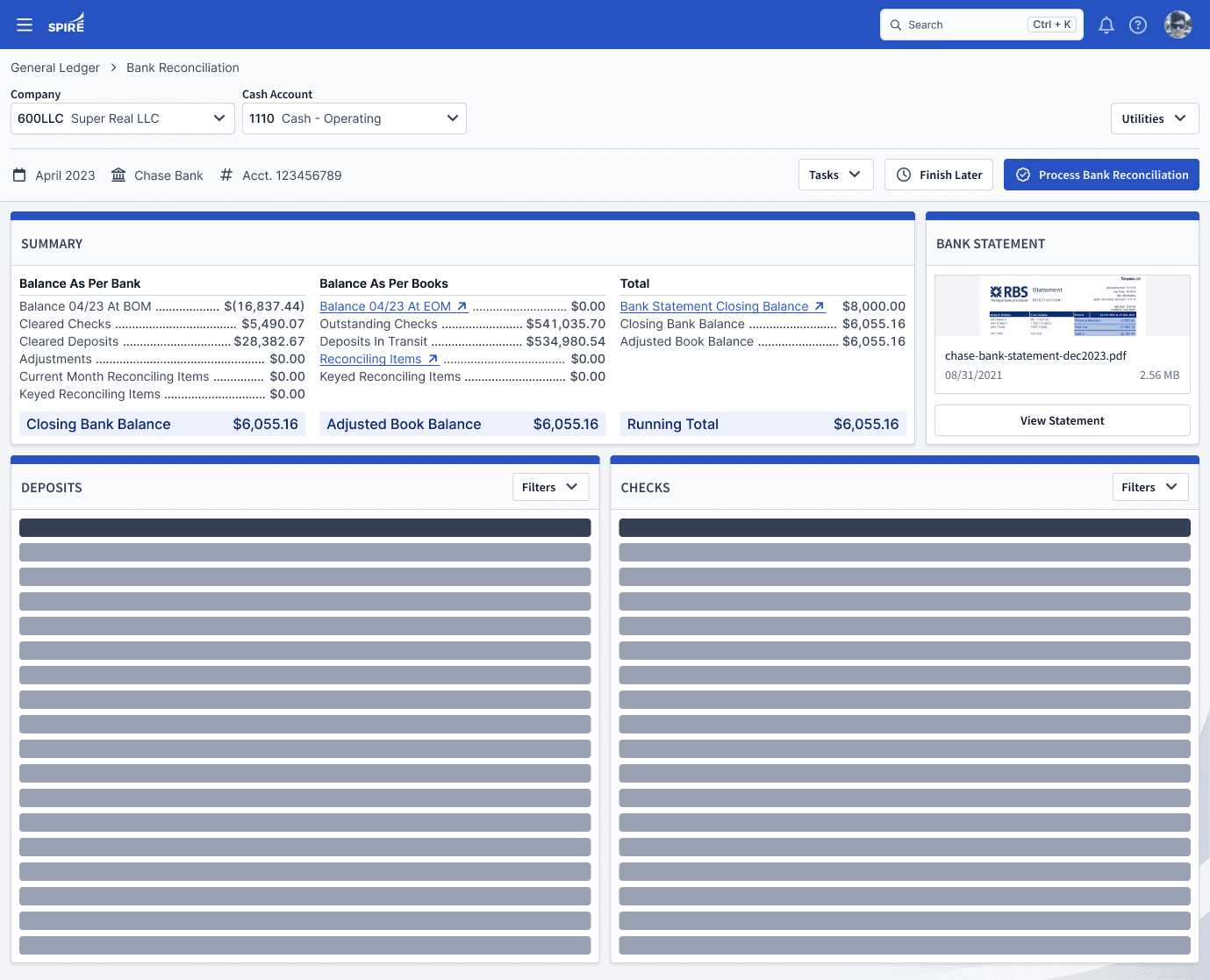 Refreshed bank reconciliation screen
